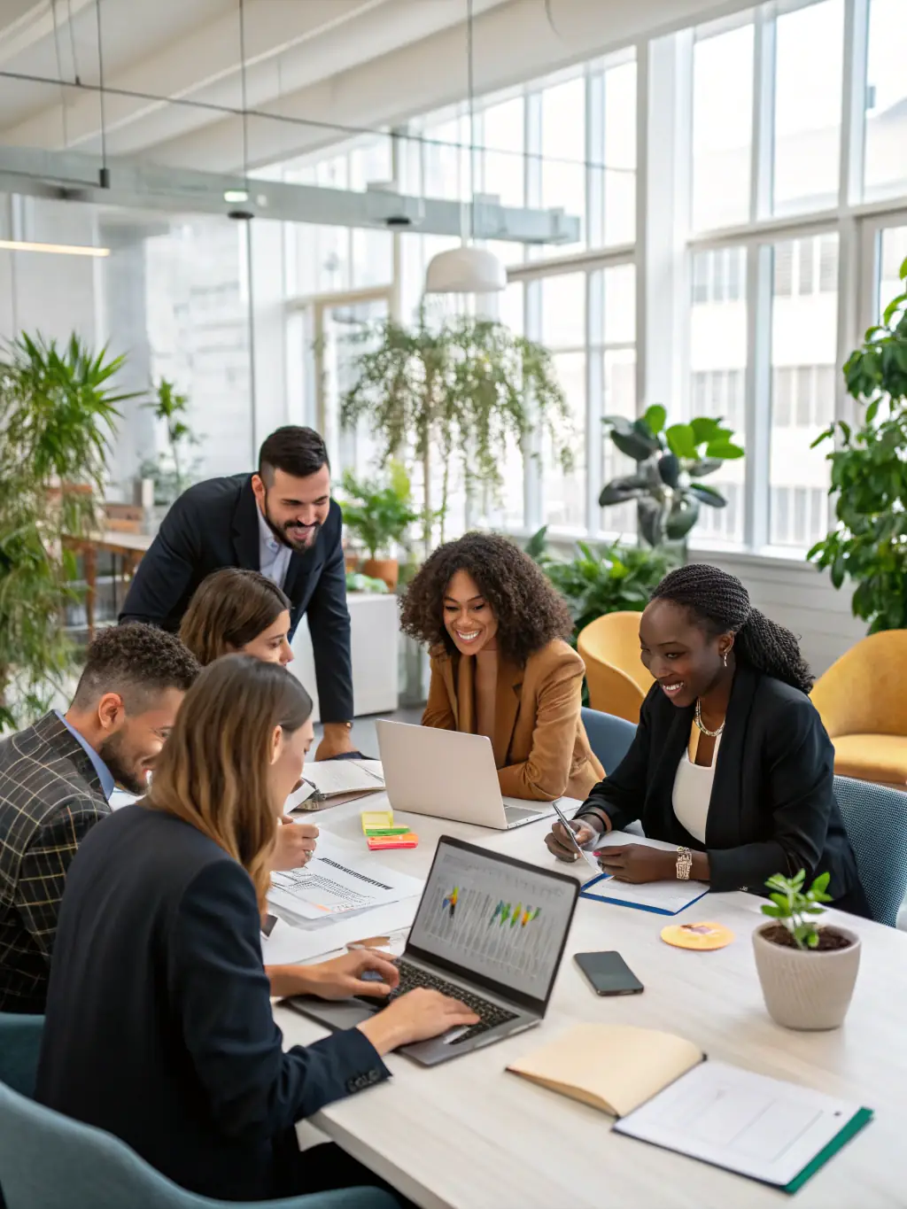 A diverse team of professionals collaborating in a bright, open workspace, representing the agency's ability to build diverse and inclusive teams.