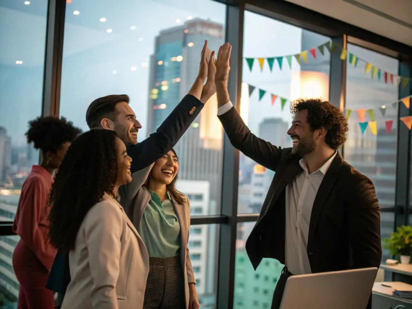An image of a startup team celebrating a successful hire in a collaborative workspace, highlighting the agency's startup discount program.